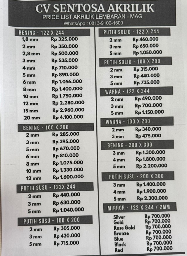Harga Acrylic Dari Distributor Resmi